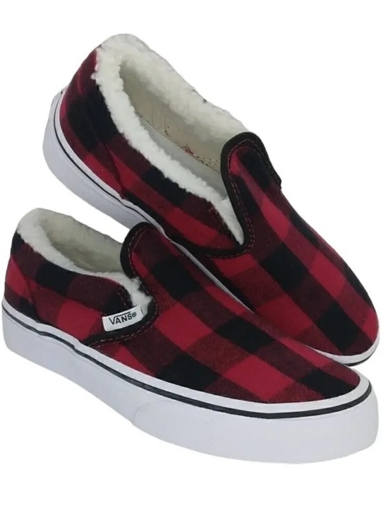 Vans Other - Vans Kids Slip-On Plaid Sherpa-Lined Sneakers - Red/Black